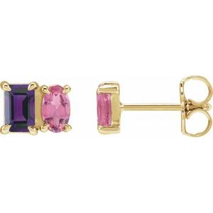 14K Yellow Gold Emerald 5 X 3 Mm Natural Amethyst And Natural Pink Tourmaline Stud Earrings