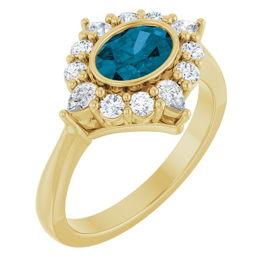 14K Yellow Gold Oval 7 X 5 Mm Polished Natural London Blue Topaz And 3/8 Ctw Lab-Grown Diamond Halo-Style Ring, Size 7
