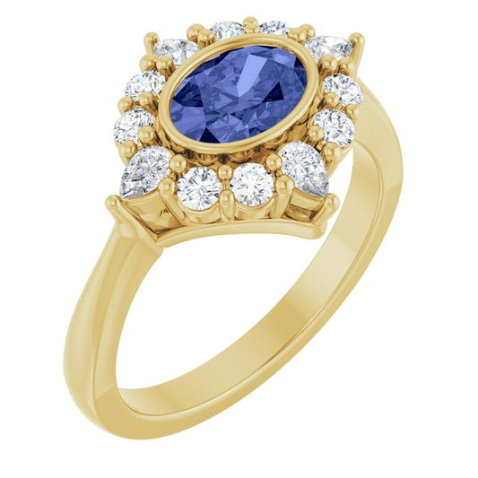 14K Yellow Gold Oval 7 X 5 Mm Polished Natural Tanzanite And 3/8 Ctw Lab-Grown Diamond Halo-Style Ring, Size 7