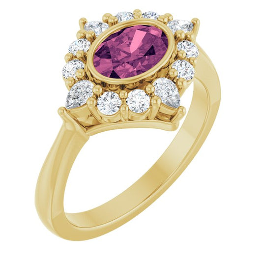 14K Yellow Gold Oval 7 X 5 Mm Polished Natural Pink Tourmaline And 3/8 Ctw Lab-Grown Diamond Halo-Style Ring, Size 7