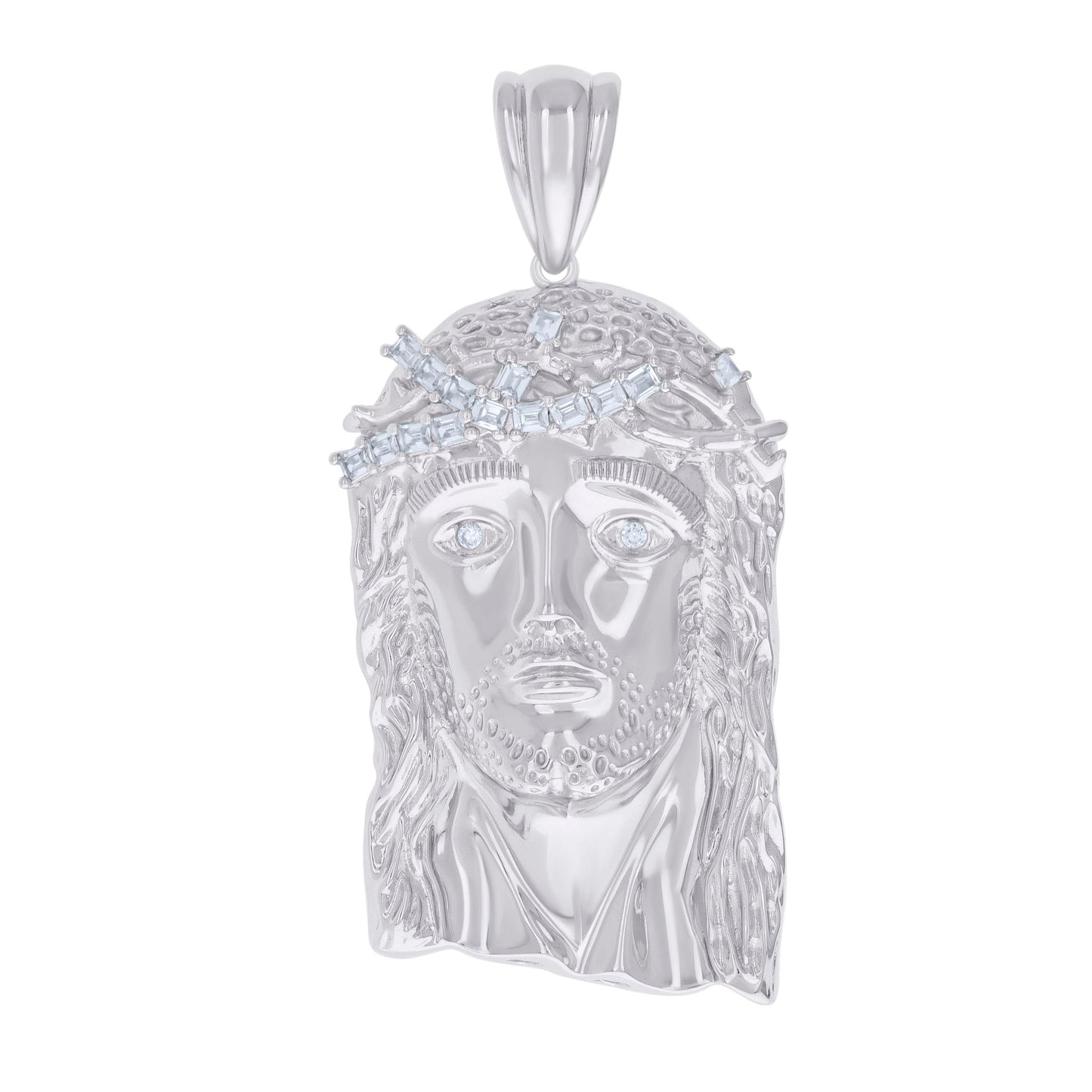 Sterling Silver Mens Baguette Round Cubic-Zirconia Jesus Religious Charm Pendant