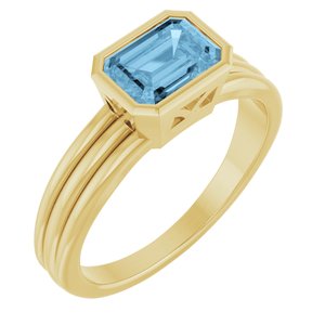 14K Yellow Gold  Emerald 7 X 5 Mm Polished Natural Sky Blue Topaz Bezel Set Solitarie Ring Size 7