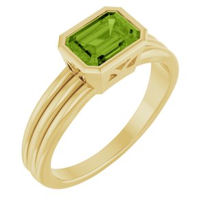 14K Yellow Gold  Emerald 7 X 5 Mm Polished Natural Peridot Bezel Set Solitarie Ring Size 7