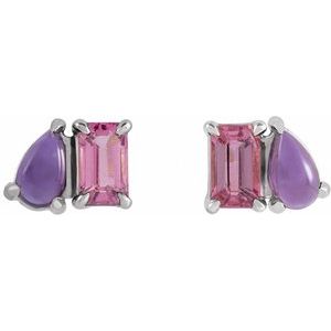14K White Gold Emerald 5 X 3 Mm Natural Pink Tourmaline And Natural Amethyst Stud Earrings
