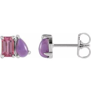 14K White Gold Emerald 5 X 3 Mm Natural Pink Tourmaline And Natural Amethyst Stud Earrings