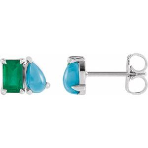 14K White Gold Emerald 5 X 3 Mm Lab-Grown Emerald And Natural Turquoise Stud Earrings