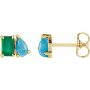 14K Yellow Gold Emerald 5 X 3 Mm Lab-Grown Emerald And Natural Turquoise Stud Earrings