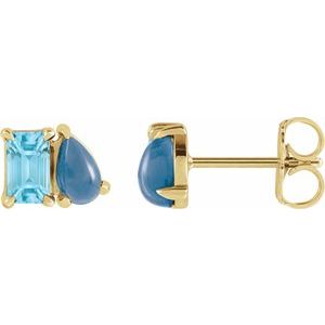 14K Yellow Gold Emerald 5 X 3 Mm Natural Sky Blue Topaz And Natural London Blue Topaz Stud Earrings