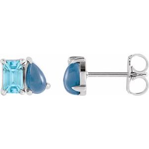 14K White Gold Emerald 5 X 3 Mm Natural Sky Blue Topaz And Natural London Blue Topaz Stud Earrings
