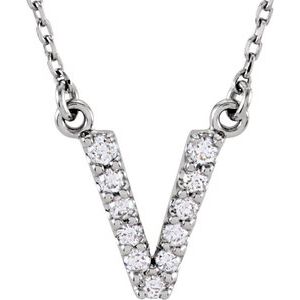 14K White Gold Initial V Round G-H I1 1/10 Ctw Natural Diamond Necklace, Length: 16 In