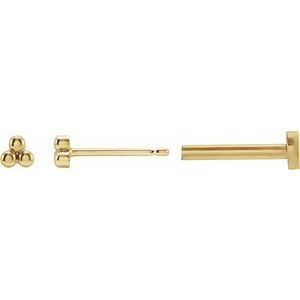 14K Yellow Gold 3.2 X 3 Mm Pair 6 Mm Polished Tiny 3 Beads Studed Earring With Press Fit Post And Back
