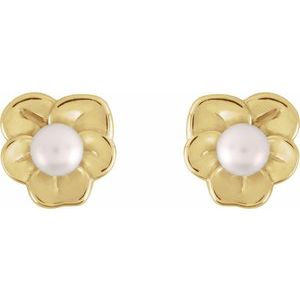 14K Yellow Gold Pearl Shape 3 Mm Cultured Pearl Floral Earrings