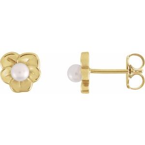 14K Yellow Gold Pearl Shape 3 Mm Cultured Pearl Floral Earrings