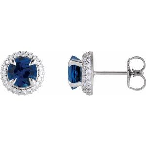 14K White Gold Round 6.5 Mm Lab-Grown Blue Sapphire And 1/2 Ctw Lab-Grown Diamond 4-Claw Prong Pre-Notched Double Halo-Style Earrings