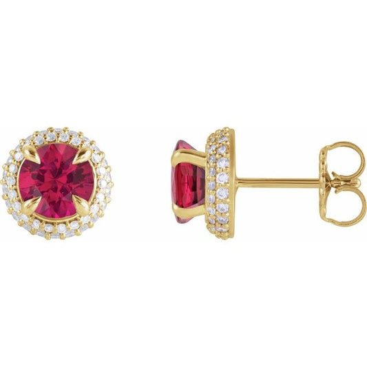 14K Yellow Gold 6.5 Mm Round Friction Back Polished Lab-Grown Ruby And 1/2 Ctw Lab-Grown Diamond 4-Claw Prong Pre-Notched Double Halo-Style Earrings