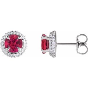 14K White Gold Round 6.5 Mm Lab-Grown Ruby And 1/2 Ctw Lab-Grown Diamond 4-Claw Prong Pre-Notched Double Halo-Style Earrings