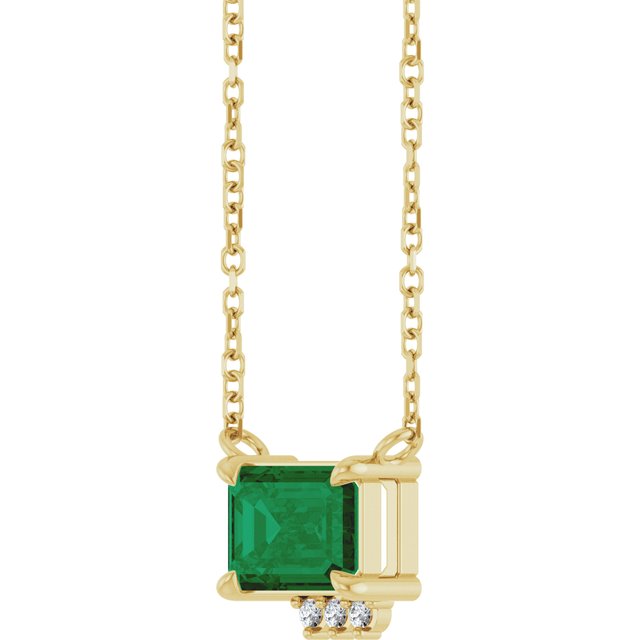 14K Yellow Gold Emerald 7 X 5Mm I1, G-H 18 In Polished Lab-Grown Emerald And .025 Ctw Natural Diamond Claw Prong Necklace