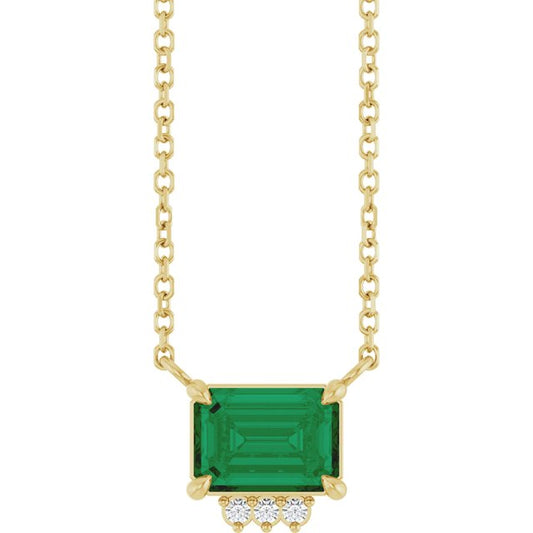 14K Yellow Gold Emerald 7 X 5Mm I1, G-H 18 In Polished Lab-Grown Emerald And .025 Ctw Natural Diamond Claw Prong Necklace