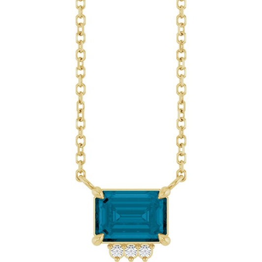 14K Yellow Gold Emerald 7 X 5Mm I1, G-H 18 In Polished Natural London Blue Topaz And .025 Ctw Natural Diamond Claw Prong Necklace