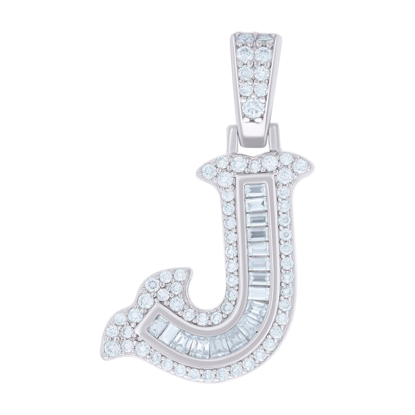 Sterling Silver Or Yellow-tone Unisex Baguette Round Moissanite 0.59ct Initial Alphabet Charm Pendant