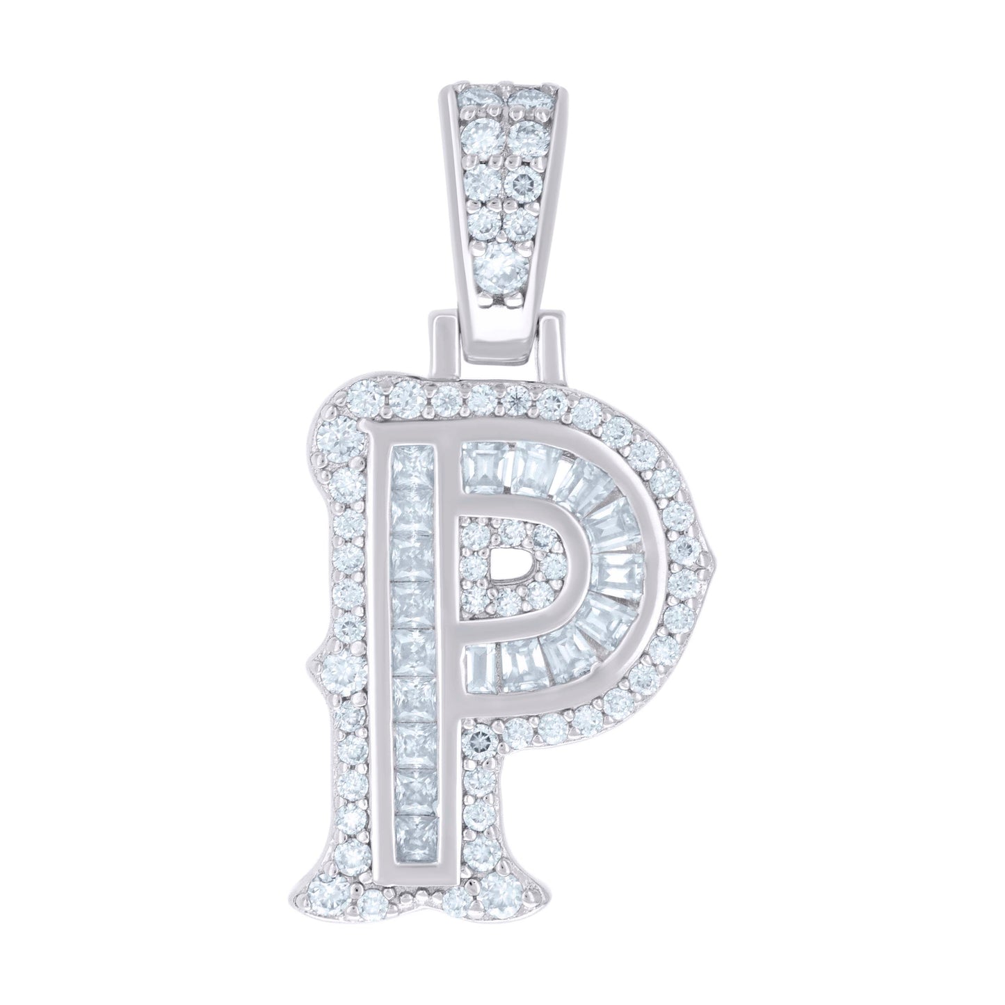 Sterling Silver Or Yellow-tone Unisex Baguette Round Moissanite 0.59ct Initial Alphabet Charm Pendant