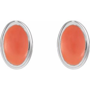 14K White Gold Oval Shape 6 X 4 Mm Natural Cabochon Pink Coral Bezel Earrings