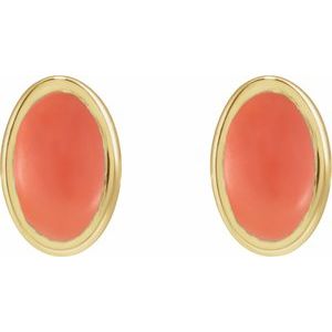 14K Yellow Gold Oval Shape 6 X 4 Mm Natural Cabochon Pink Coral Bezel Earrings