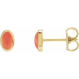 14K Yellow Gold Oval Shape 6 X 4 Mm Natural Cabochon Pink Coral Bezel Earrings