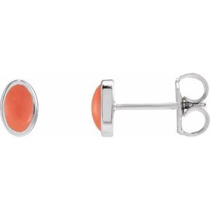 14K White Gold Oval Shape 6 X 4 Mm Natural Cabochon Pink Coral Bezel Earrings