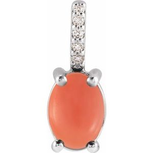 14K White Gold Oval 5 X 3Mm Natural Pink Coral And .02 Ctw Natural Diamond Cabochon Pendant
