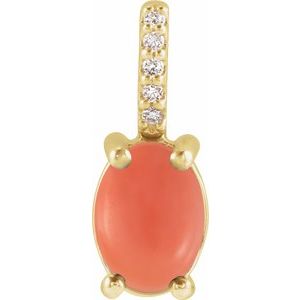 14K Yellow Gold Oval 7 X 5Mm Natural Pink Coral And .02 Ctw Natural Diamond Cabochon Pendant