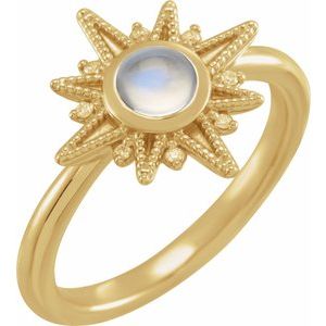 14K Yellow Gold Round 5 Mm Natural Rainbow Moonstone And .03 Ctw Natural Diamond Ring Size 7