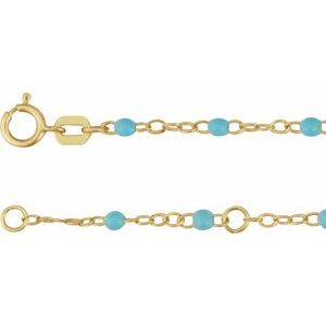 14K Yellow Gold Turquoise 9-10 In 2 Mm Enamel Bead Adjustable Chain