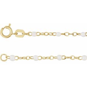 14K Yellow Gold White 6-7 In 2 Mm Enamel Bead Adjustable Chain