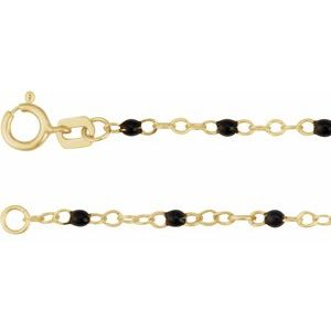 14K Yellow Gold Black 9-10 In 2 Mm Enamel Bead Adjustable Chain