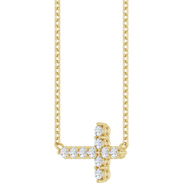 14K Yellow Gold Round 2Mm I1, G-H 18 In Polished 1/4 Ctw Natural Diamond Sideways Cross Necklace