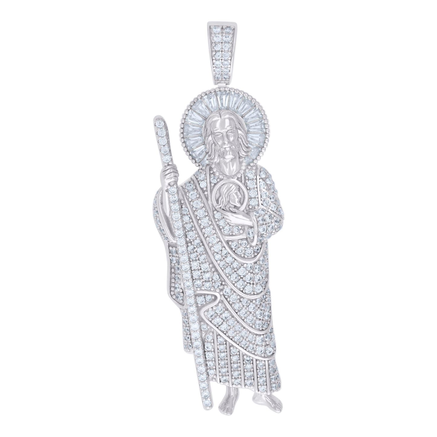 Sterling Silver Unisex Round Baguette Cubic-Zirconia ST. Jude Religious Charm Pendant
