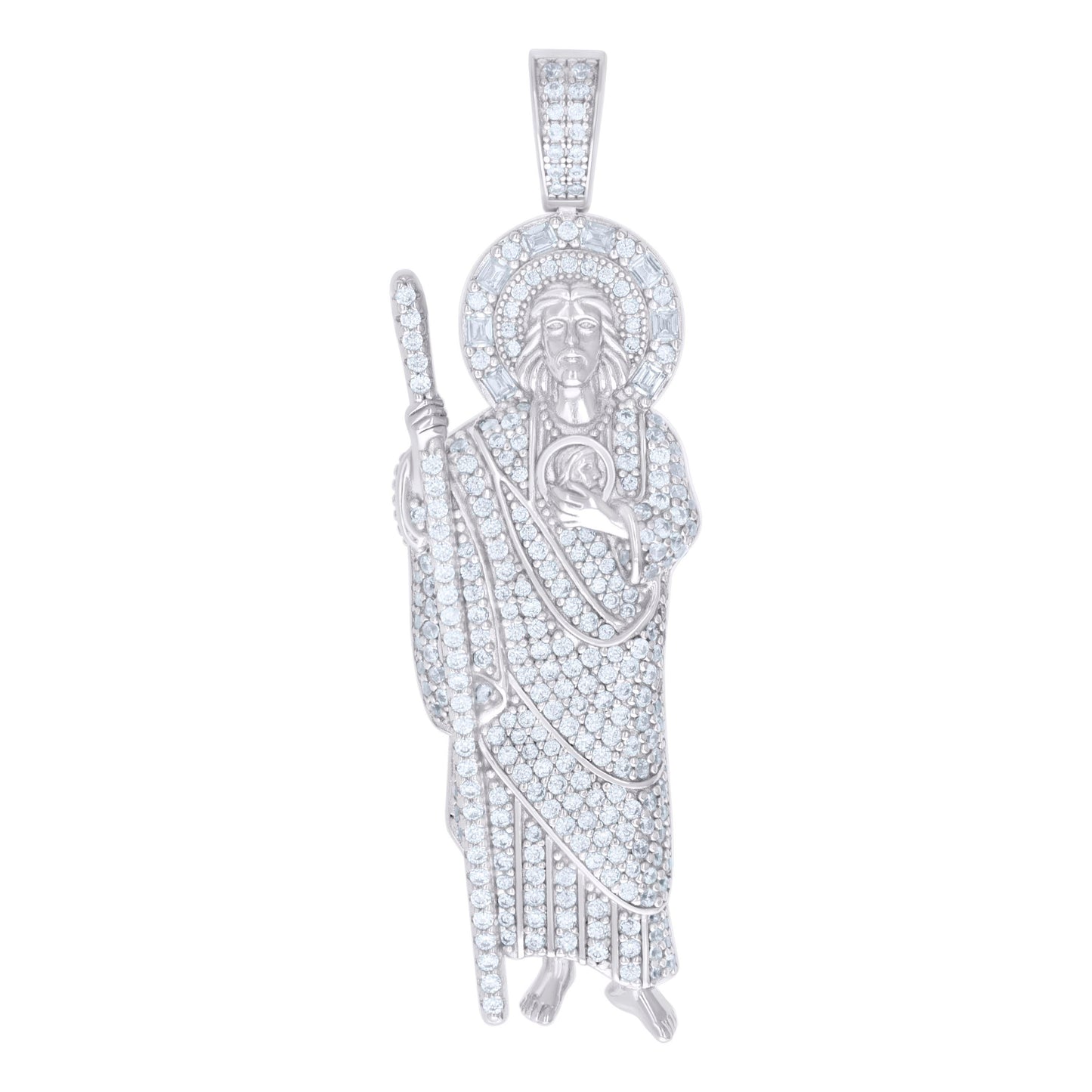 Sterling Silver Unisex Round Baguette Cubic-Zirconia ST. Jude Religious Charm Pendant