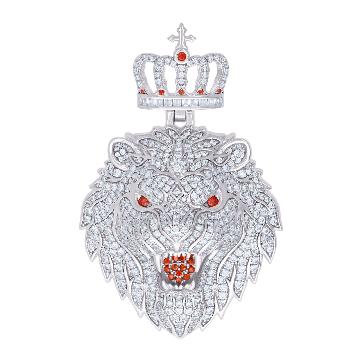 Sterling Silver Mens White Red Cubic-Zirconia King Lion Animal Wildlife Charm Pendant