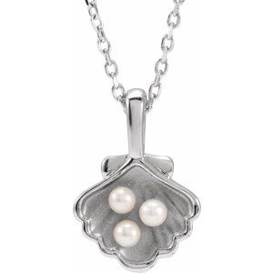 14K Yellow Or White Gold Or Sterling Silver 2 Mm Cultured White Seed Pearl Family Shell 16-18" Necklace