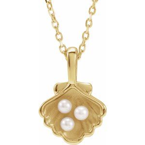 14K Yellow Or White Gold Or Sterling Silver 2 Mm Cultured White Seed Pearl Family Shell 16-18" Necklace