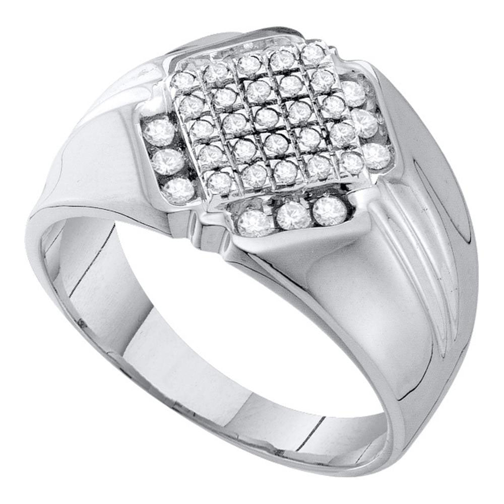 10K White Gold Mens Round Diamond Diagonal Square Cluster Ring 1/2 Cttw, Mens Size: 7-13