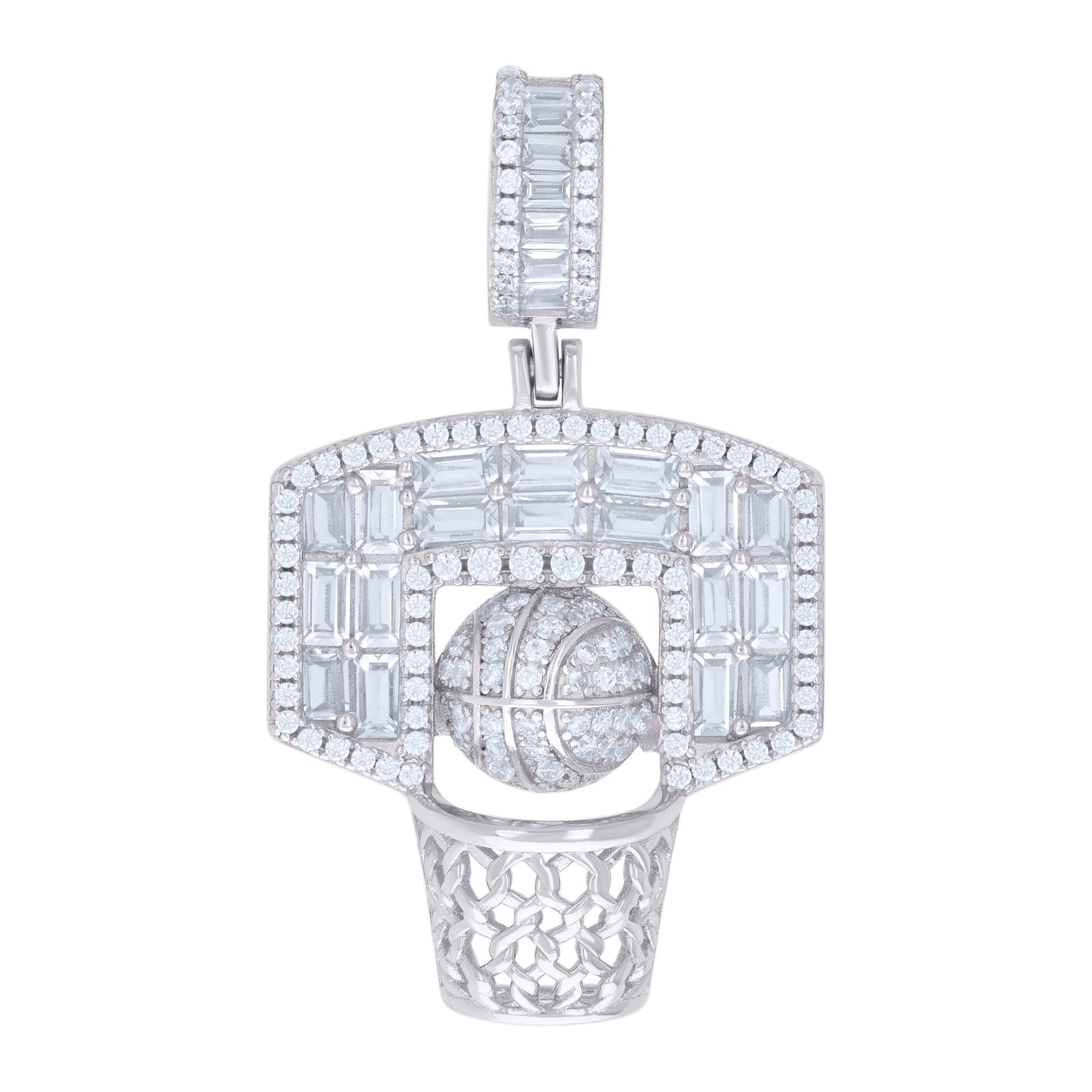 Sterling Silver Mens Round Baguette Cubic-Zirconia Basketball Sports Charm Pendant