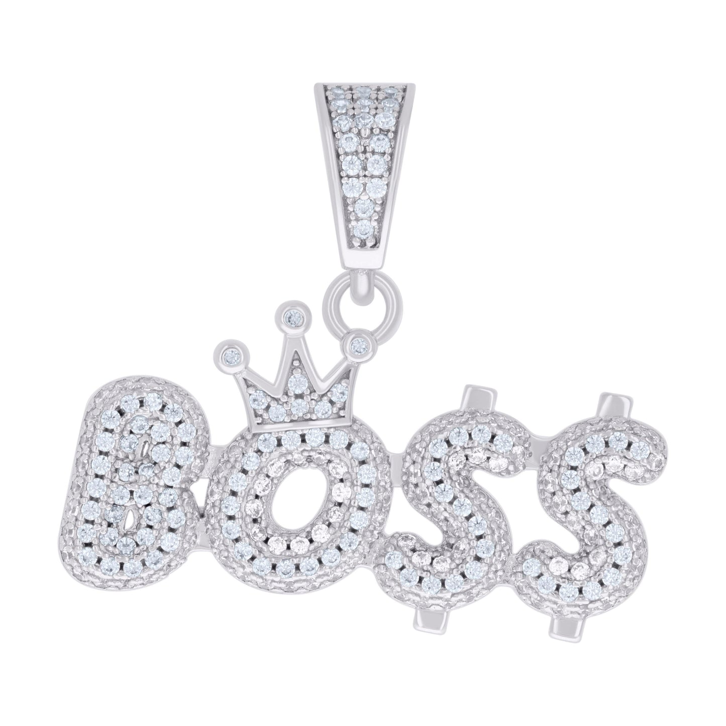 Sterling Silver Mens Cubic-Zirconia Crown Boss Talking Charm Pendant