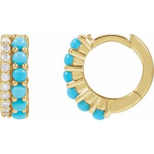 14K Yellow Gold Round 2 Mm Natural Turquoise And 1/8 Ctw Natural Diamond Huggie Earrings