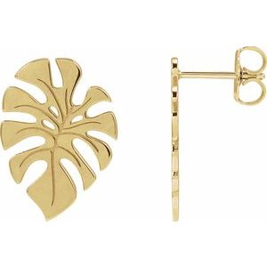 14K Yellow Gold 18 X 13 Mm Pair Friction Backs Included Polished Monstera Leaf Stud Earrings