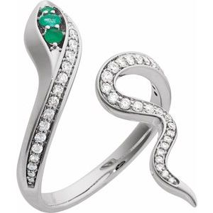 14K White Gold Natural Emerald Round 2.5 Mm Natural Diamond Polished Natural Emerald And 1/3 Ctw Natural Diamond Snake Ring Size 7