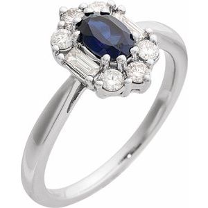 14K White Gold Oval 6 X 4 Mm Polished Lab-Grown Blue Sapphire And 3/8 Ctw Natural Diamond Ring Size 7