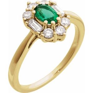 14K Yellow Gold Oval 6 X 4 Mm Natural Diamond Polished Lab-Grown Emerald And 3/8 Ctw Natural Diamond Ring Size 7