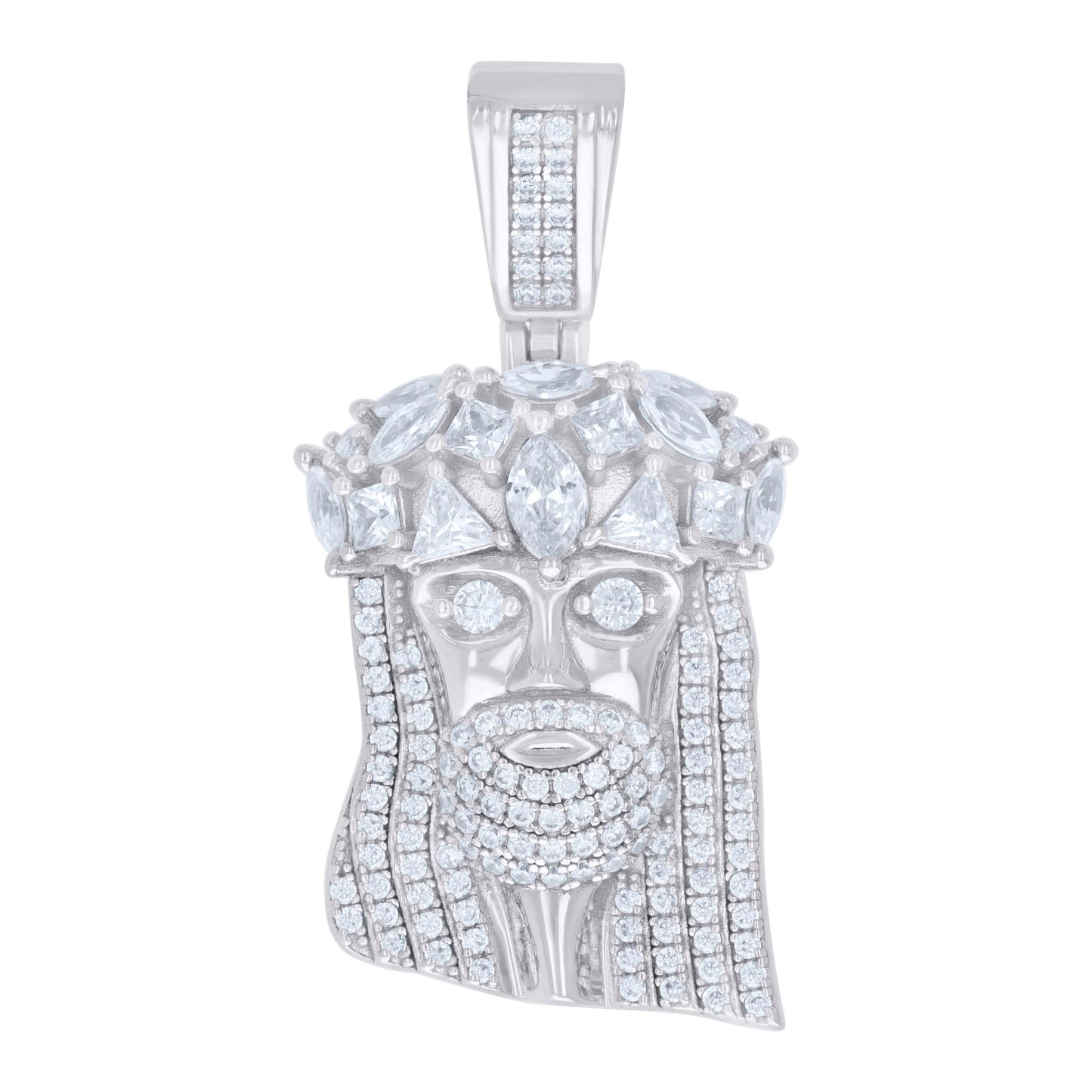 Sterling Silver Mens Trillion, Princess-cut, Marquise Round Cubic-Zirconia Jesus Religious Charm Pendant
